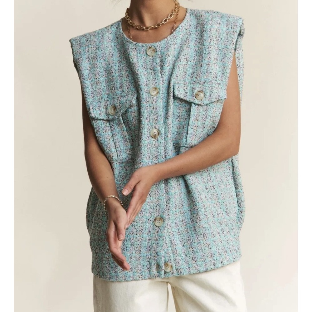 J.NNA‎ Vest Womens Large Light Blue Check Tweed Button Front Padded Shoulder